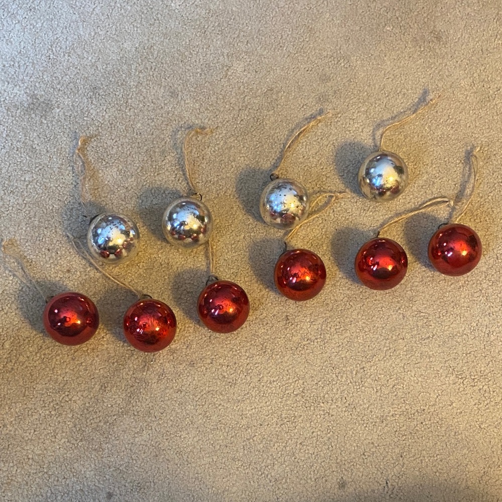 Pottery Barn Red and Silver Glass Ornament Set